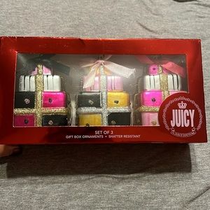 Juicy Couture 3pc Christmas present ornaments-black/gold/pink/silver